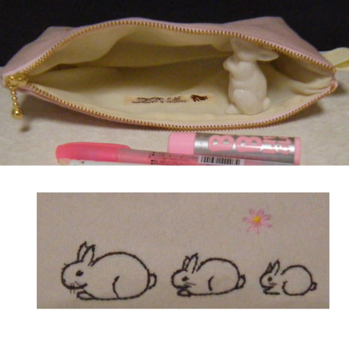 3羽の並んだうさぎ刺繍ペンケース（ピンク） ペンケース R's