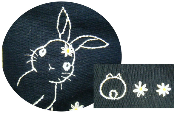 うさぎ刺繍縦型ポーチ（ネイビー、マーガレット） 4枚目の画像
