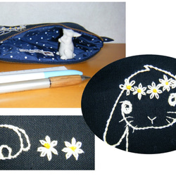 うさぎ刺繍大きめペンケース（ネイビー、ロップイヤー、マーガレット） 3枚目の画像