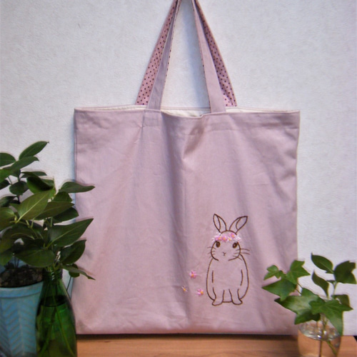 うさぎ刺繍四角いバック（ピンク） エコバッグ・サブバッグ R's