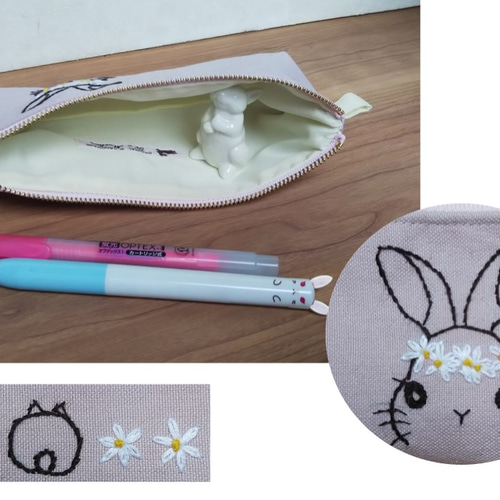 うさぎ刺繍普通サイズペンケース（ピンク、アップ） ペンケース