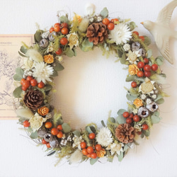 冬支度のドライフラワーリース(☆クリスマスリースとしても☆)「冬支度
