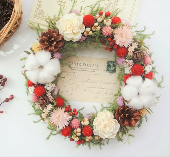 ピンクのお花のクリスマスリース2021(ドライフラワーリース) リース