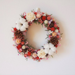 [受注制作]ピンクのお花のクリスマスリース2018 直径24㎝(冬支度ハンドメイド2018) 4枚目の画像
