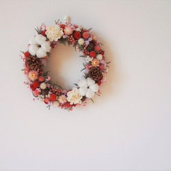 [受注制作]ピンクのお花のクリスマスリース2018 直径24㎝(冬支度ハンドメイド2018) 5枚目の画像