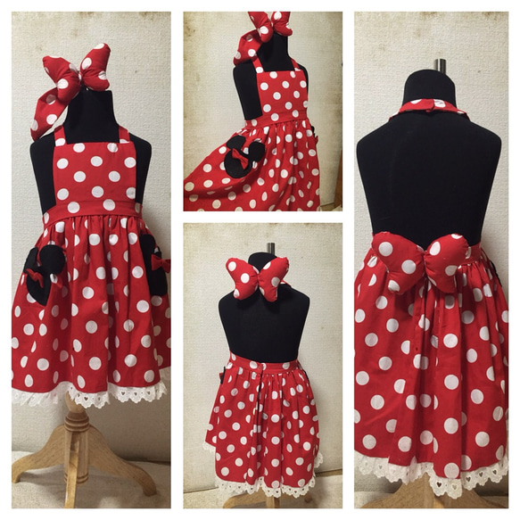 ハンドメイド ♡ トゥーンミニー衣装 Sサイズ♡ エプロン帽子付き ミニーちゃんエプロンワンピース 子供服 華子 通販 3171793