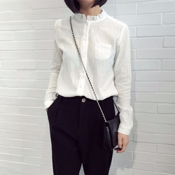 春 フリルブラウス 立ち襟 ストライプ トップス 長袖 シャツ