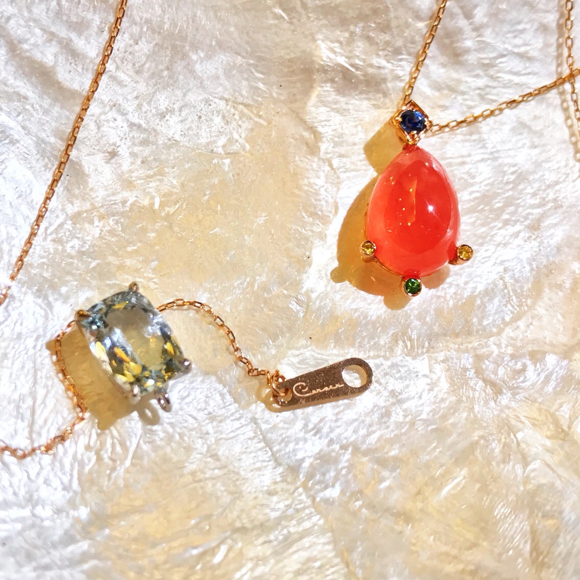 New / Ice Red Stone Pure 18kローズゴールドネックレス