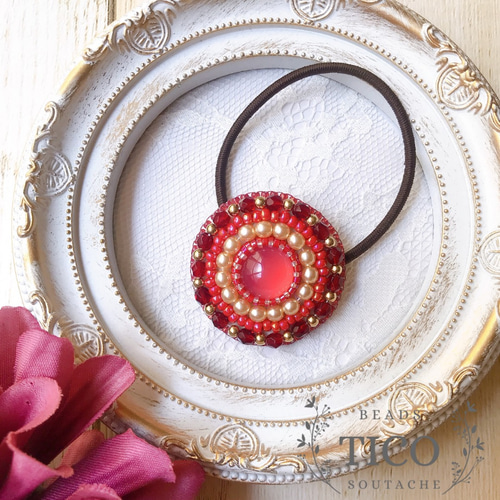 ビーズ刺繍】大人可愛いサークルヘアゴム 赤 ヘアゴム Atelier tico