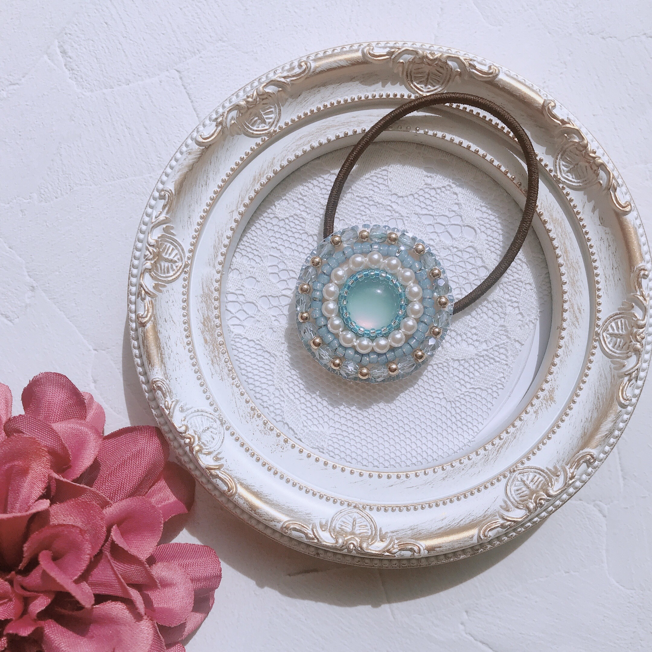 【特別セール品】 ビーズ刺繍 tico Atelier ヘアゴム 青 大人可愛い ヘアゴム ヘアゴム
