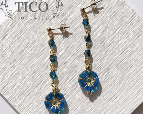 1420 スカイブルーゴールドフラワー ハンドメイド イヤリング 1420