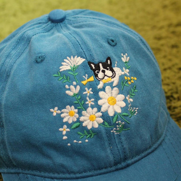 ドレープ刺繍洗い野球帽 - ブルー専用デザインブルドッグ刺しゅうキャップを洗った 2枚目の画像