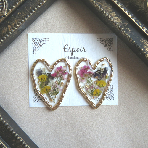 大ぶり＊押し花 ハート ピアス/イヤリング ピアス（その他） Espoir 