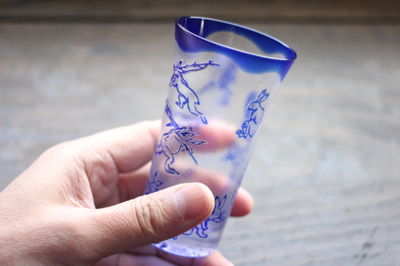 【再販】ガラス製 一口ビアグラス "鳥獣戯画" ＋観世水 　其の壱 2枚目の画像