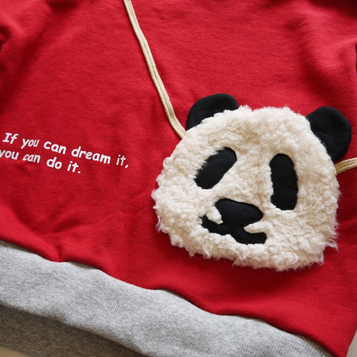 size80〜140☆パンダポシェット赤プルオーバー 【受注生産】／裏起毛に