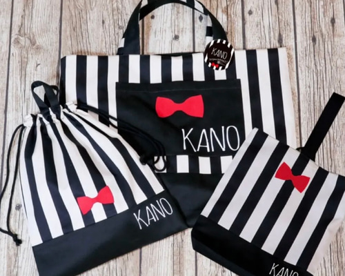 持ち手付き巾着袋 上靴入れ グリーンしましまりぼん柄×薄緑 ご入園・