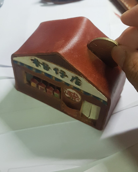 ヴィンテージオレンジショップ/食料品店かわいい小さな家純粋な牛革コイン/現金収納ボックス 4枚目の画像