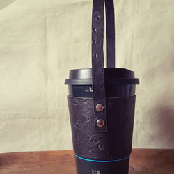 駝鳥紋時尚黑 咖啡飲料環保純牛皮杯套 隨行杯 提袋 (情人、生日送禮) 第2張的照片