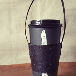 駝鳥紋時尚黑 咖啡飲料環保純牛皮杯套 隨行杯 提袋 (情人、生日送禮) 第5張的照片