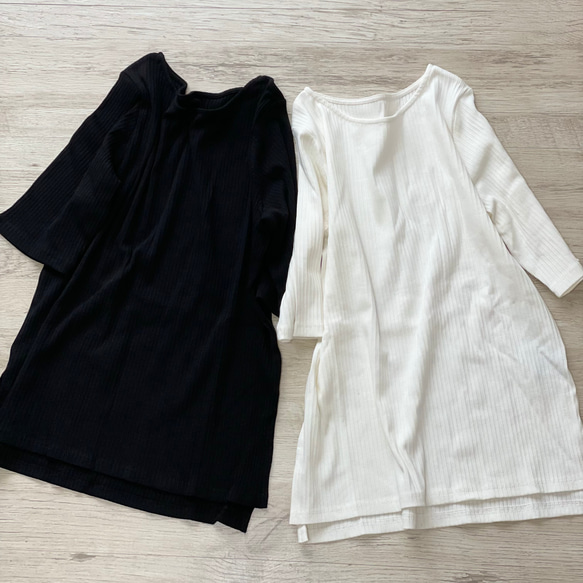 2色セット 二の腕隠しのリブニットTシャツ　五分袖（白/黒） 2枚組 14枚目の画像