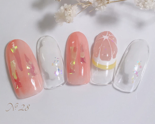 ネイルチップオーダー フルーツネイル ピンクグレープフルーツ 個性派 夏ネイル お客様ネイル お任せだったのでイチオシのフルーツネイルに