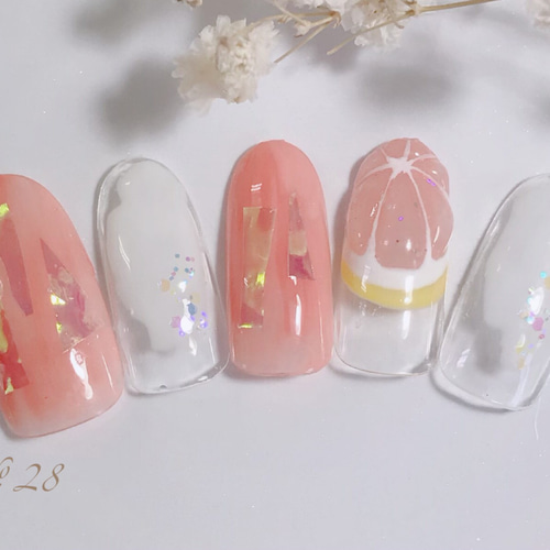 大人気☆夏のぷっくりキラキラピンクグレープフルーツネイルチップ