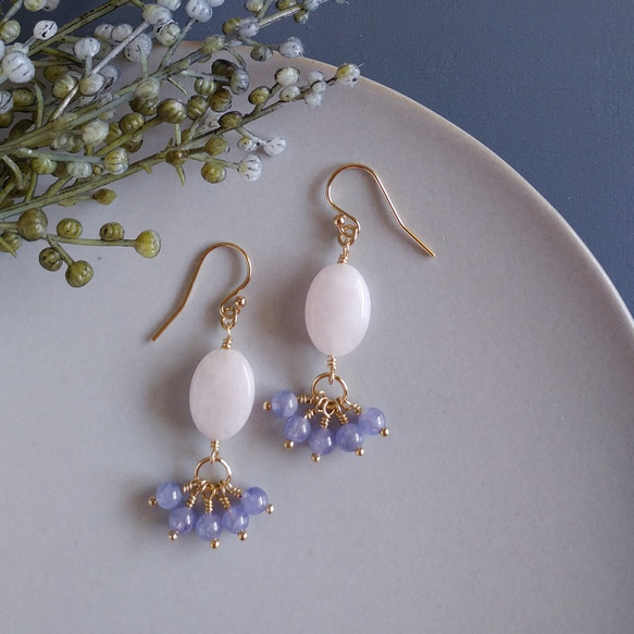 モルガナイトとタンザナイトのフリンジピアス【14kgf】 ピアス（フック