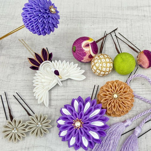 つまみ細工髪飾り Uピンかんざしセット *紫*成人式*和装*結婚式*花嫁