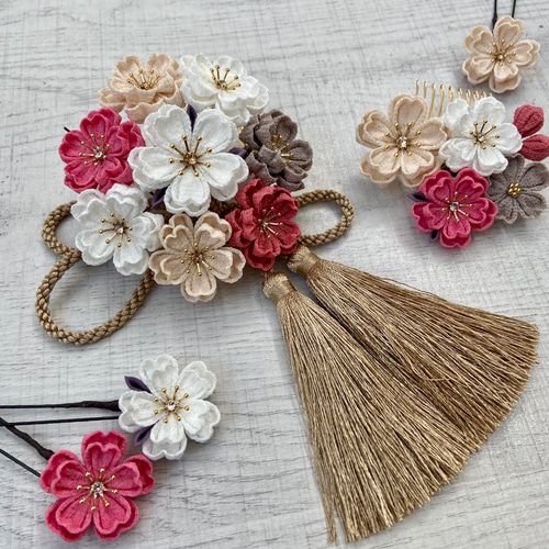 つまみ細工 桜の髪飾りset 白 ベージュ ローズピンク *七五三*成人式