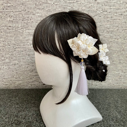 つまみ細工　紫陽花のヘアクリップ+小花Uピン  white   *七五三 *成人式 *ウェディング *花嫁 *浴衣 *白 2枚目の画像