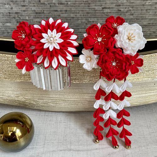 つまみ細工 七五三・成人式・和装婚 髪飾り 紅白 *赤 *結婚式 *振袖