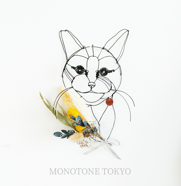 Wire Wall Art Cat Bouque （猫と花イエロー&グリーン） 1枚目の画像