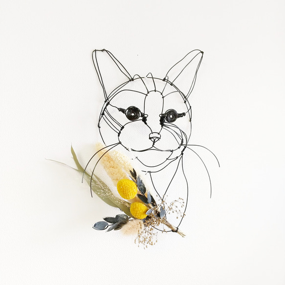 Wire Wall Art Cat Bouque （猫と花イエロー&グリーン） 2枚目の画像