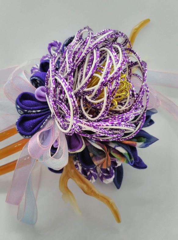 【花樁屋∥滅紫】つまみ細工髮簪 典雅紫 鹿角 水引 成人式 交換禮物 第2張的照片