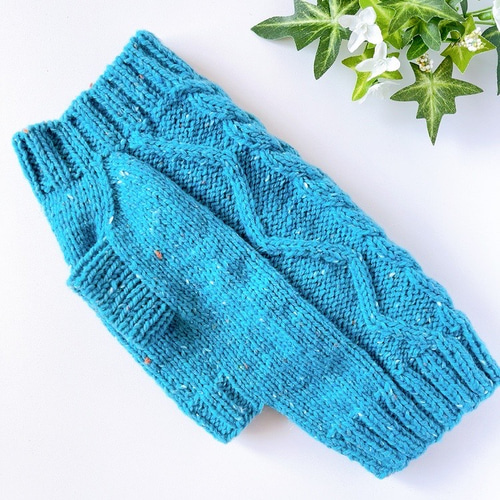 犬服 手編みセーター ターコイズブルー 胴回り36cm ペット服