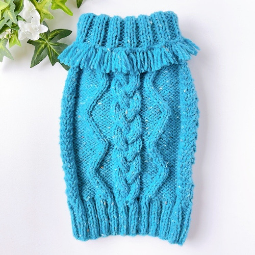 ハンドメイド犬の服　ターコイズ 犬服 手編みセーター フリンジ ターコイズブルー 胴回り34cm ペット服