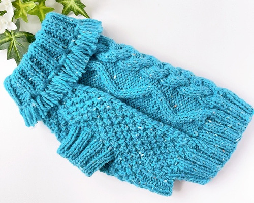 犬服 手編みセーター フリンジ ターコイズブルー 胴回り34cm ペット服