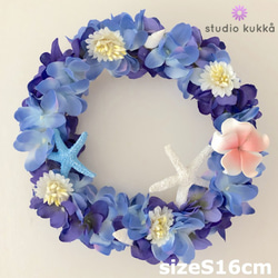 送料無料 直径16cm♡ロイヤルブルーグラデーションのアジサイ　サマーリース　ピンク　プルメリア　紫陽花 夏 リース 2枚目の画像