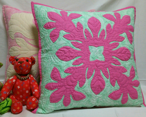 再販☆ピンク×ミントカラー可愛いハワイアンキルトクッションカバー