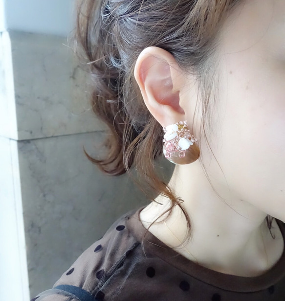 floret earring ピンク×シェル 4枚目の画像