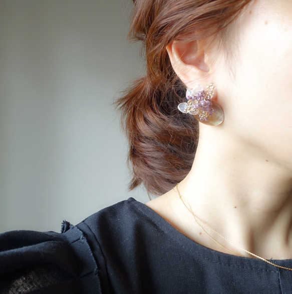 floret earring パープル×シェル 3枚目の画像