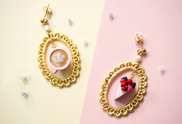 ｜Coffee & Cheesecake｜  polymer clay 16k gold-plated earrings 2枚目の画像