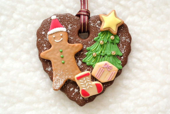 クリスマス・ハートクッキー・オーナメント（チョコクッキーベース） 2枚目の画像
