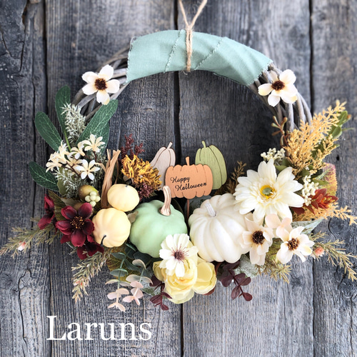 ホワイトパンプキンのアイボリー系ハロウィン造花リース ホワイトパンプキンのナチュラルハロウィンリース/ナチュラル