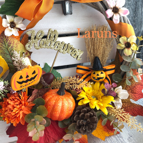 オレンジパンプキンのリース30㎝直径ハロウィンリース ゴールド 