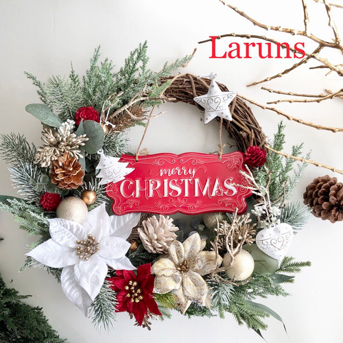 白と赤のポインセチアの特大38㎝直径 クリスマスリース赤の