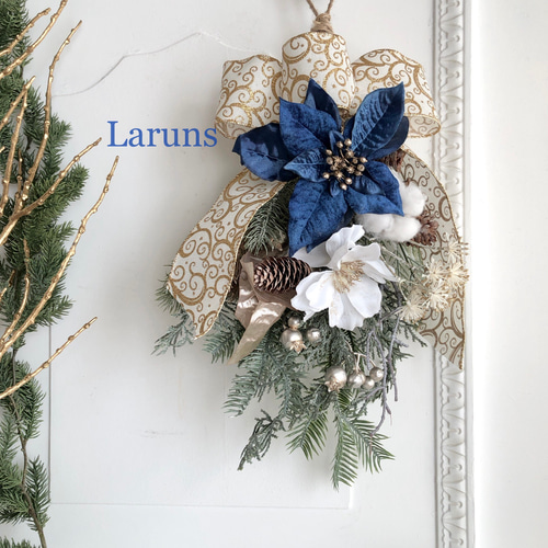 ブルーポインセチアのクリスマススワッグ もみの木増量屋外使用