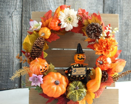 ハロウィンリース30㎝直径 オレンジやグリーンのパンプキンと