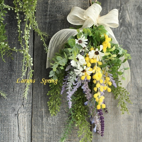 ミモザとラベンダーとデイジーのMサイズスワッグ 玄関用 スプリング