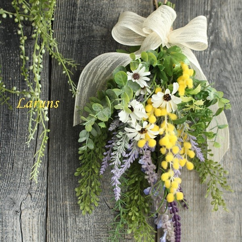 ミモザとラベンダーとデイジーのMサイズスワッグ 玄関用 スプリング